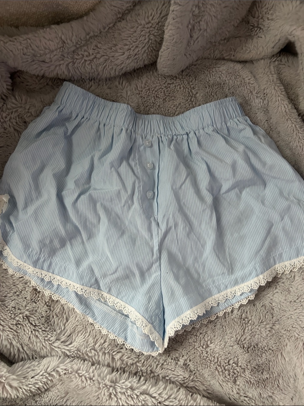 Women's Light Blue Stripe Lace-Trim Pajama Shorts